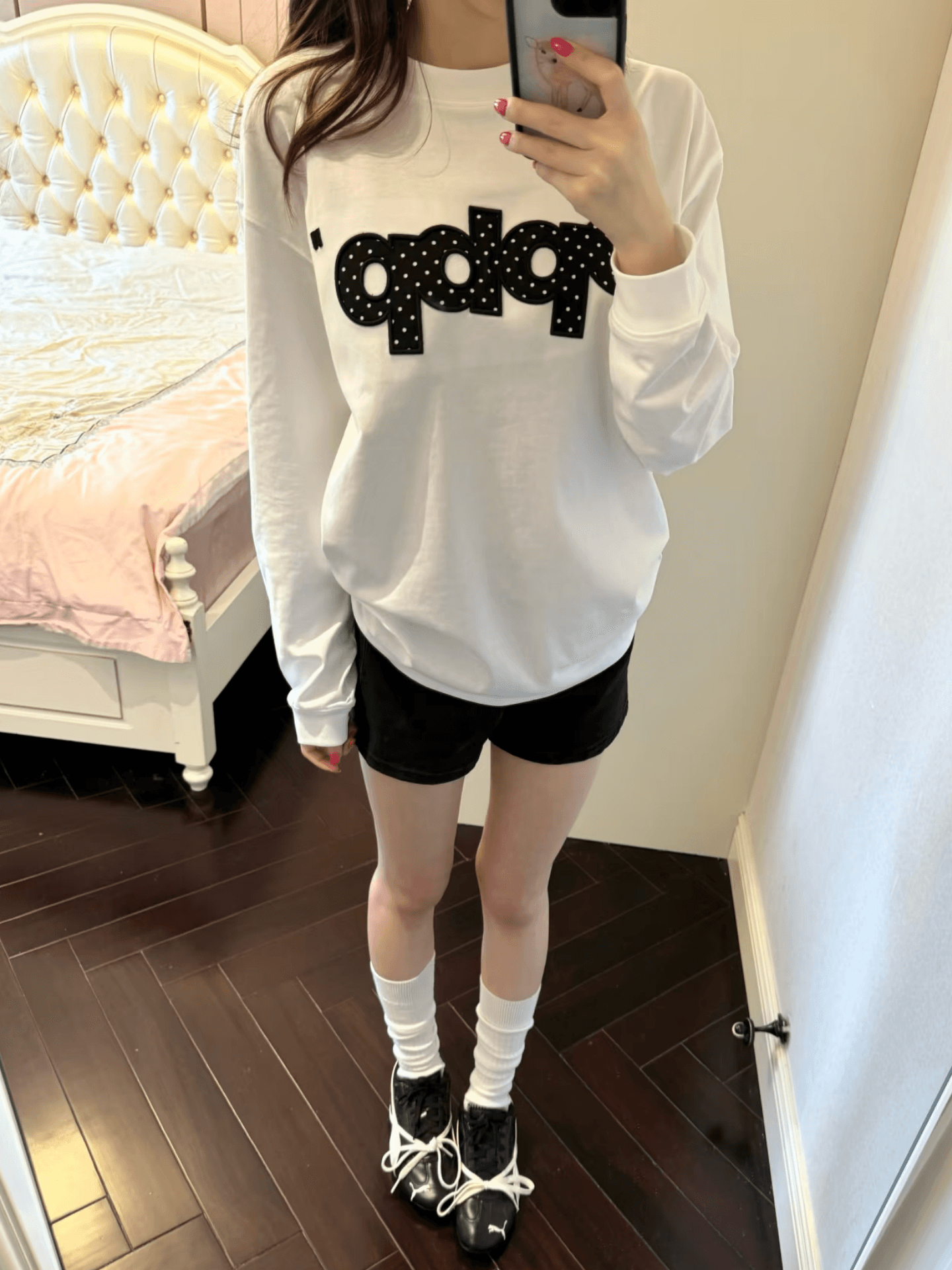 봄 가을 새로운 이후 패키지 칼라 긴팔 라운드 넥 티셔츠 도트 무늬 알파벳 프린트 상세 이미지 4