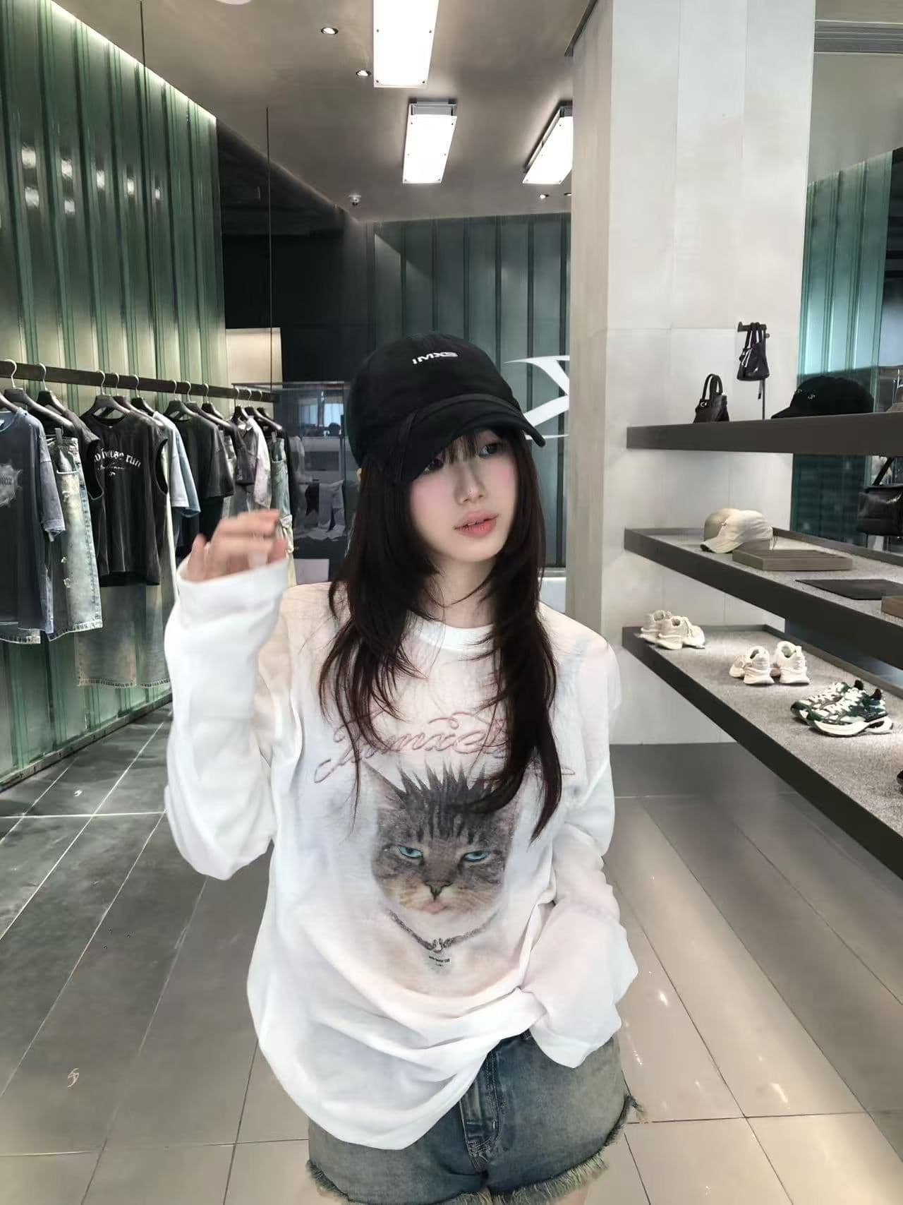 새로운 출처 생방송 품질 긴팔 태양 보호 셔츠 블라우스 만나는 고양이 프린트 상세 이미지 2