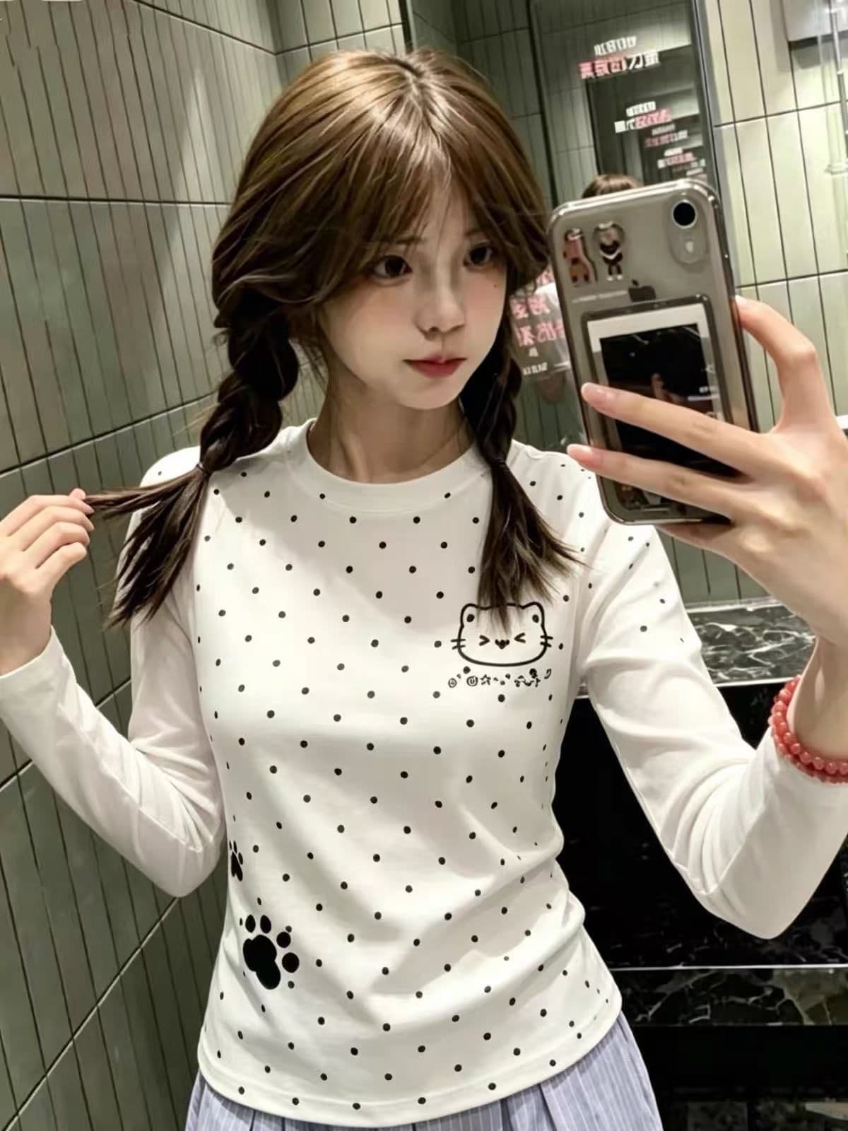 새로운 머리 생방송 품질 긴팔 수리 뒤에 패키지 칼라 전체 인쇄 도트 무늬 만화 프린트 상세 이미지 2