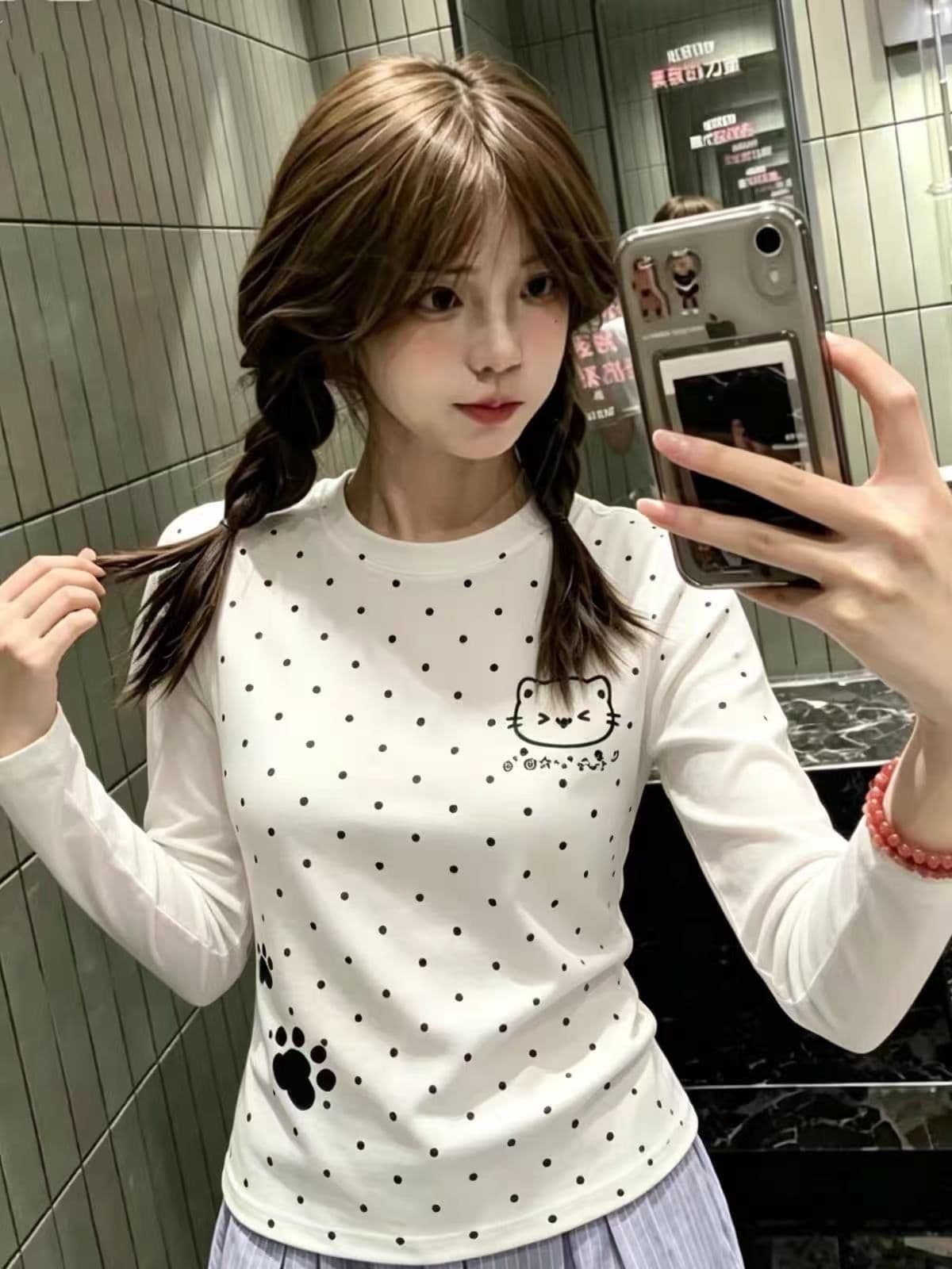 새로운 머리 생방송 품질 긴팔 수리 뒤에 패키지 칼라 전체 인쇄 도트 무늬 만화 프린트 상세 이미지 4