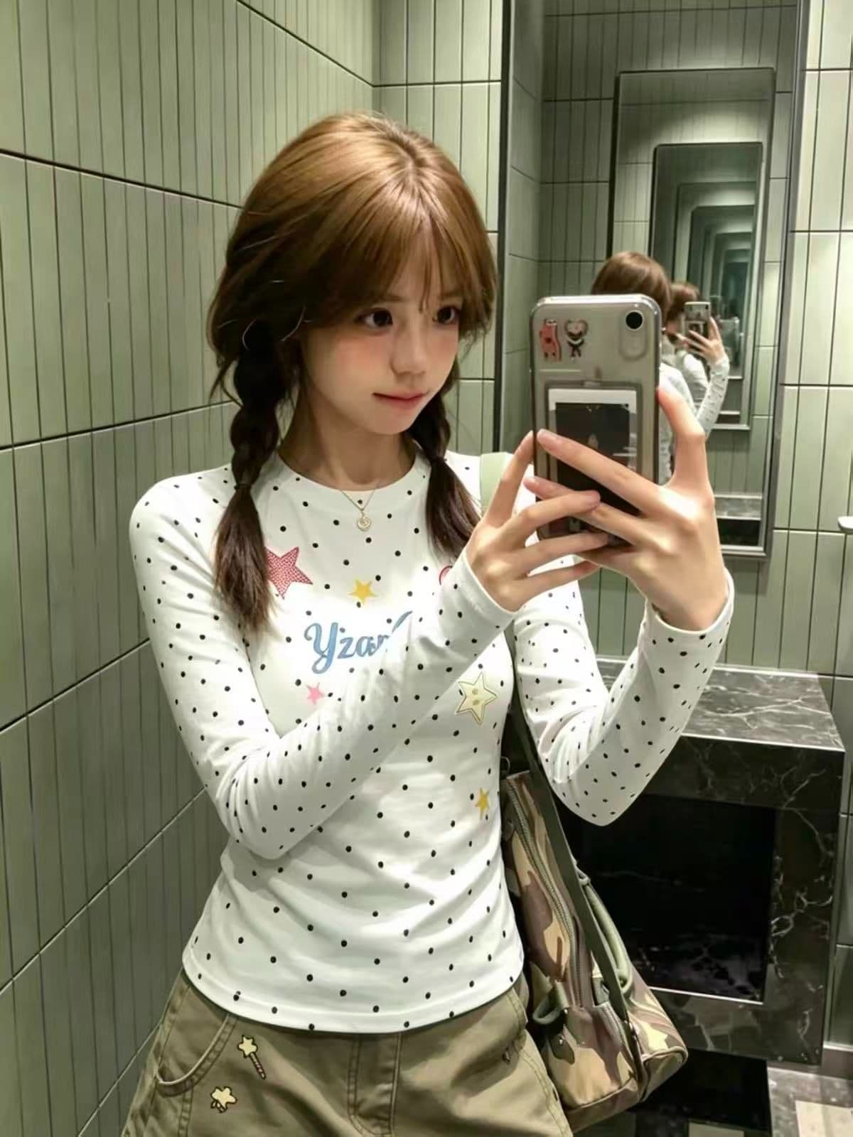 새로운 출처 생방송 품질 긴팔 수리 뒤에 패키지 칼라 전체 인쇄 도트 무늬 별 알파벳 상세 이미지 4