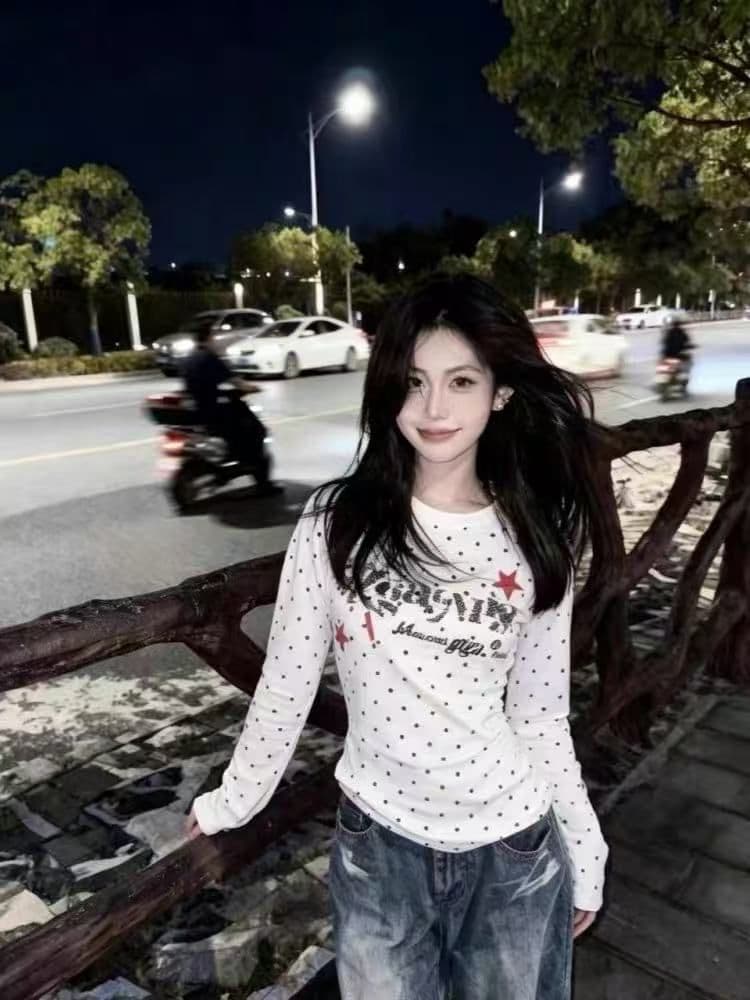 새로운 출처 생방송 품질 긴팔 수리 뒤에 패키지 칼라 전체 인쇄 도트 무늬 알파벳 프린트 이미지 4