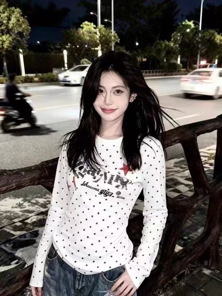 새로운 출처 생방송 품질 긴팔 수리 뒤에 패키지 칼라 전체 인쇄 도트 무늬 알파벳 프린트 이미지 2