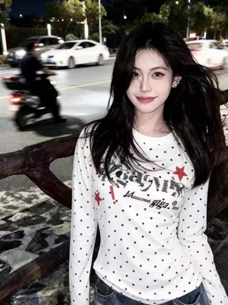 새로운 출처 생방송 품질 긴팔 수리 뒤에 패키지 칼라 전체 인쇄 도트 무늬 알파벳 프린트 상세 이미지 4