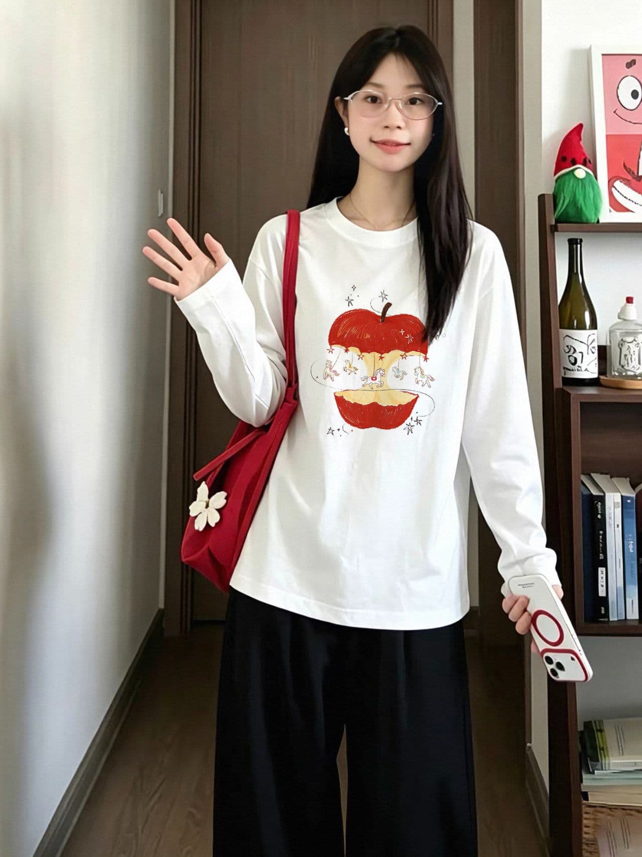 봄 가을 새로운 이후 패키지 칼라 긴팔 라운드 넥 티셔츠 만화 애플