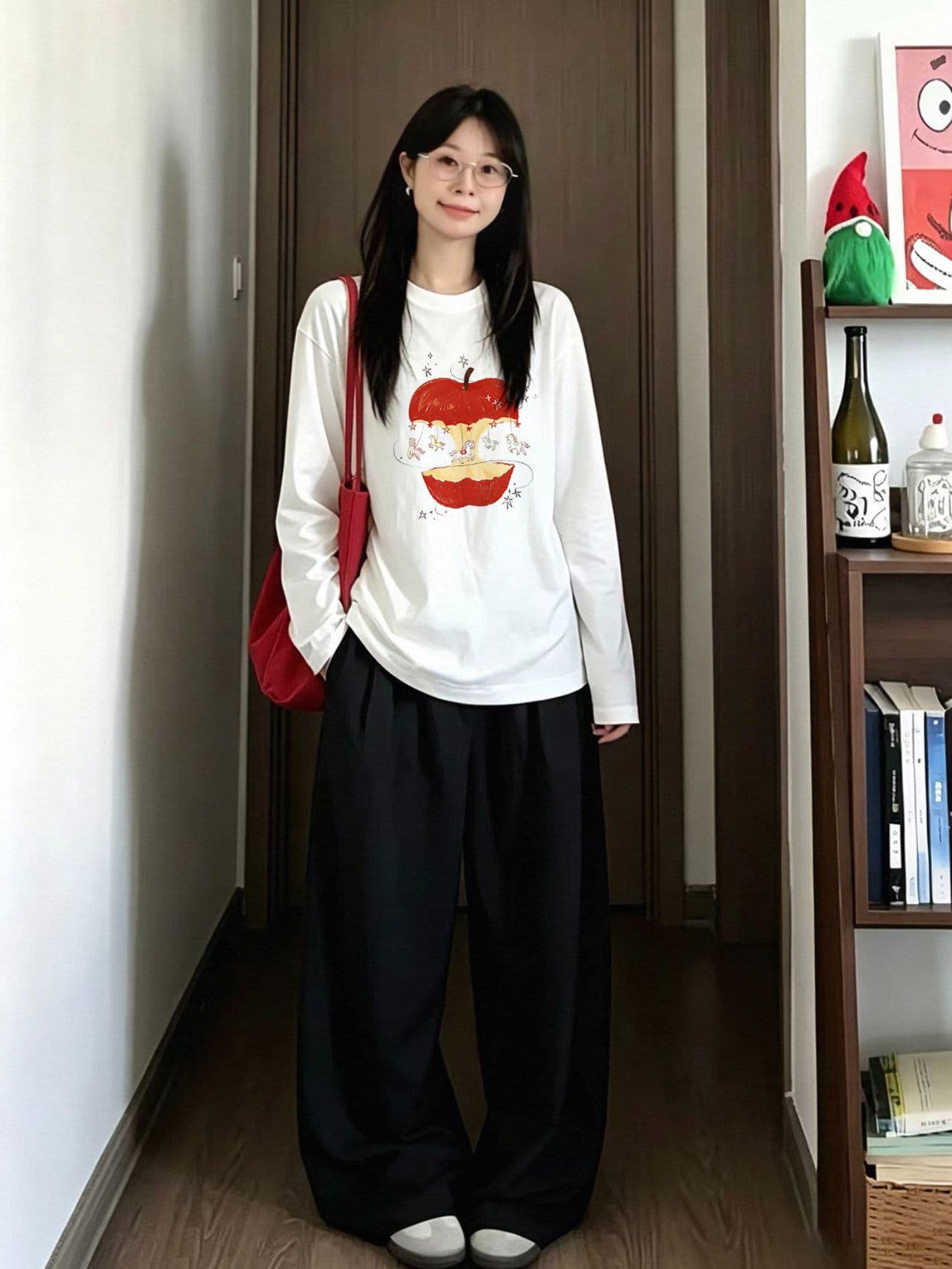봄 가을 새로운 이후 패키지 칼라 긴팔 라운드 넥 티셔츠 만화 애플 이미지 4