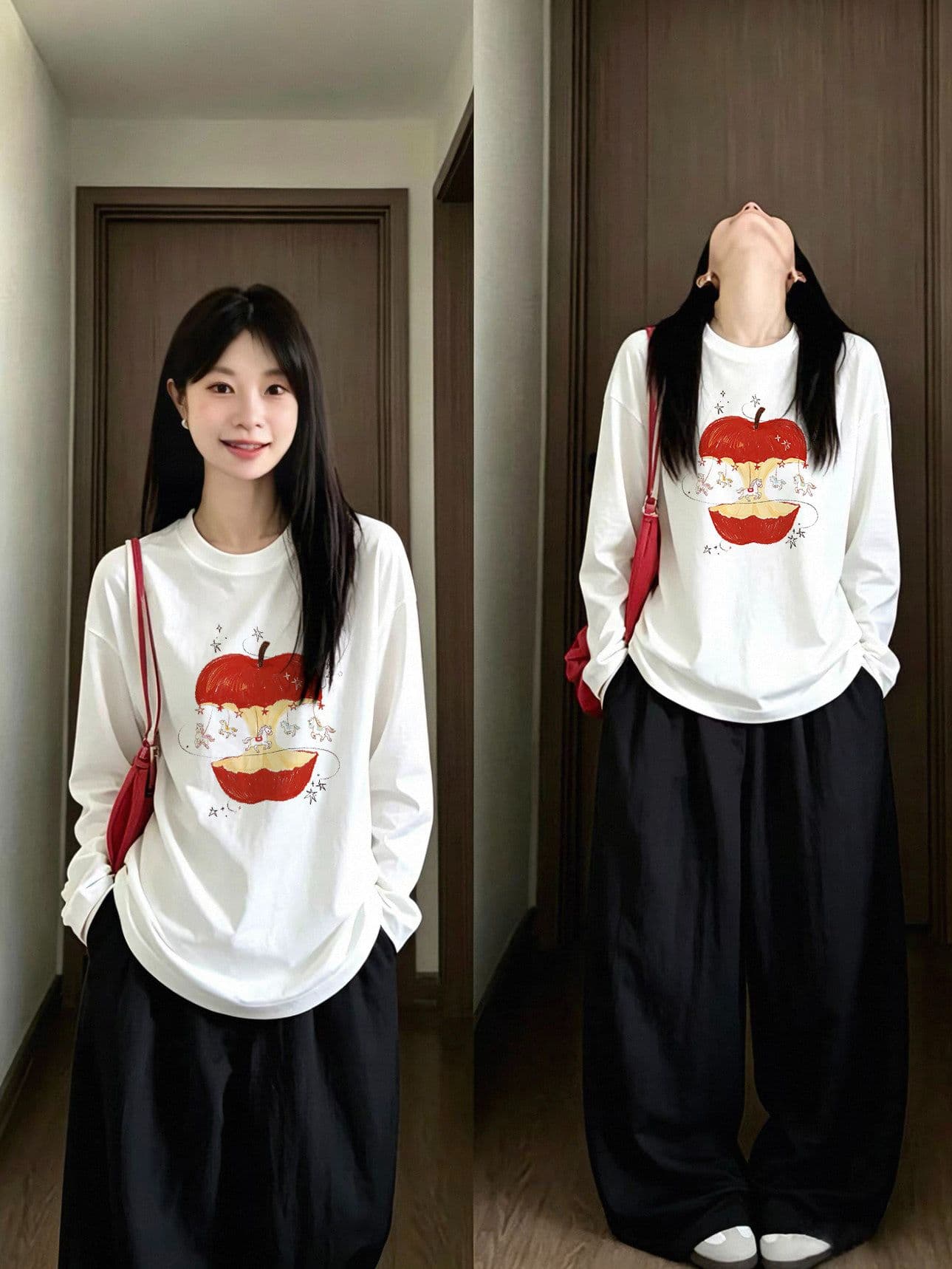 봄 가을 새로운 이후 패키지 칼라 긴팔 라운드 넥 티셔츠 만화 애플 이미지 3