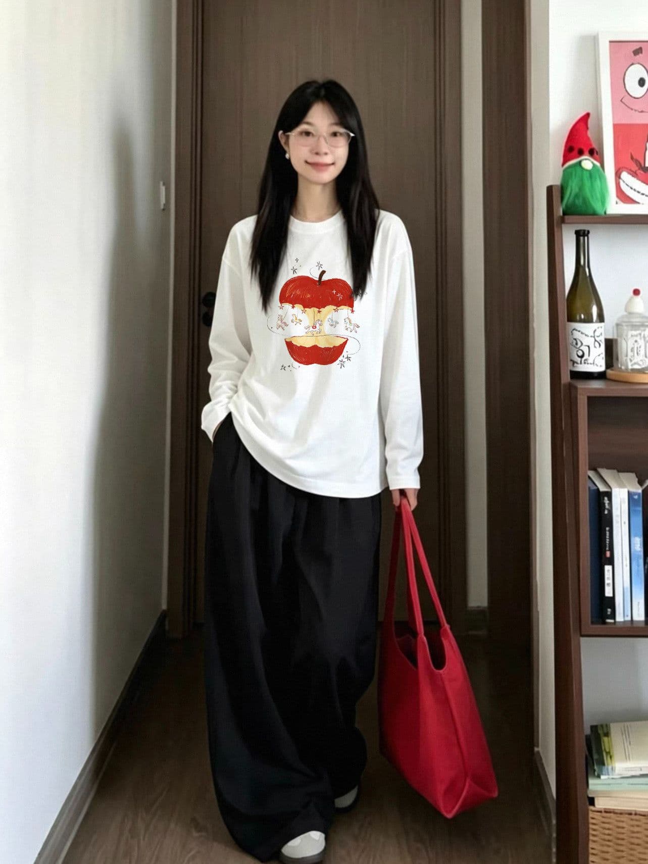 봄 가을 새로운 이후 패키지 칼라 긴팔 라운드 넥 티셔츠 만화 애플 상세 이미지 3