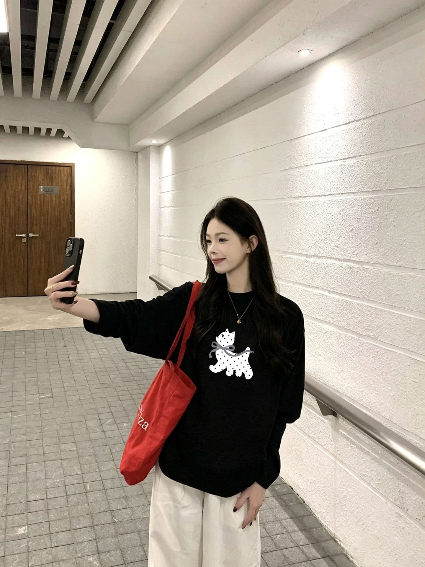 봄 가을 새로운 이후 패키지 칼라 긴팔 라운드 넥 티셔츠 고양이 프린트