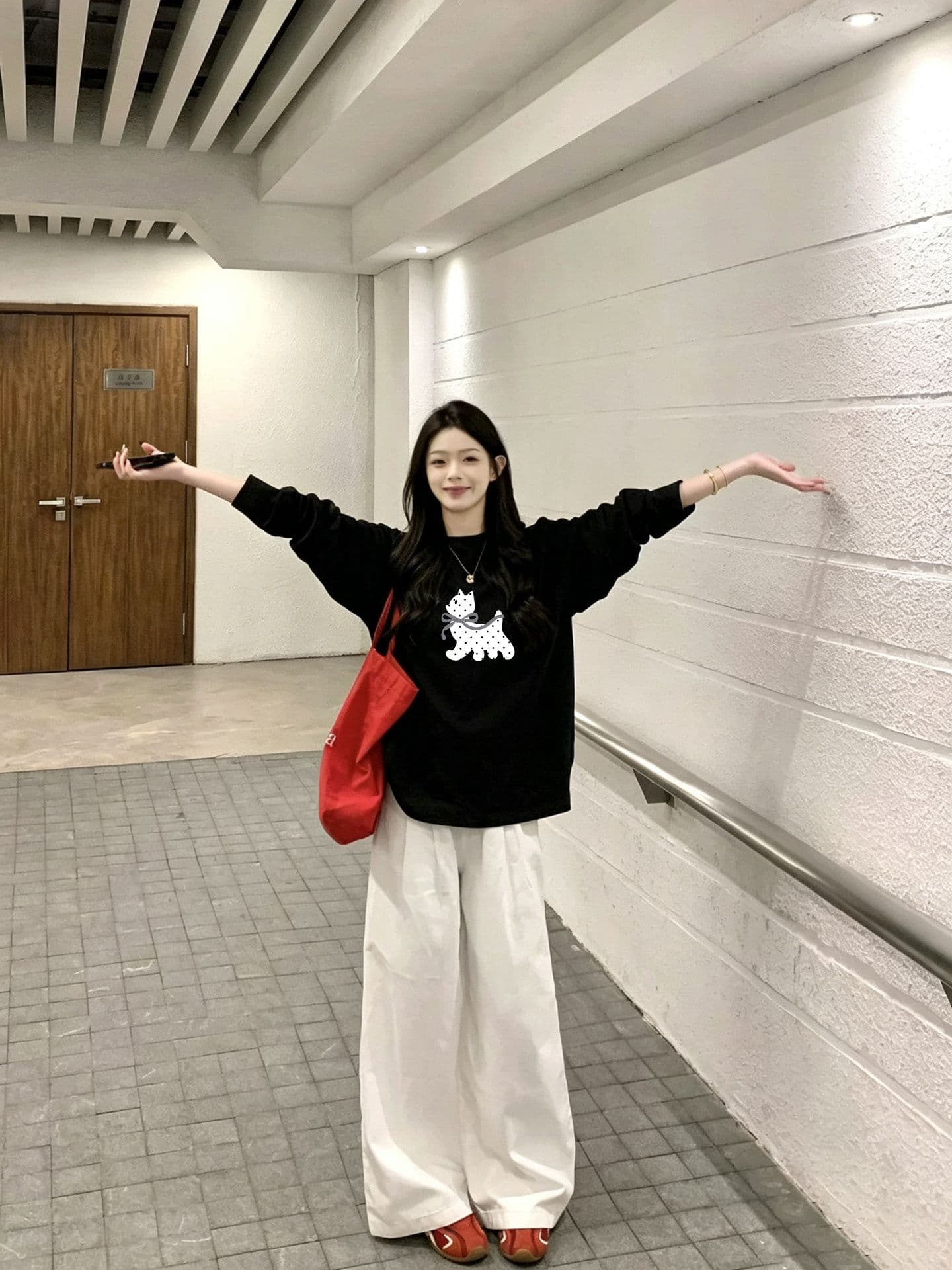 봄 가을 새로운 이후 패키지 칼라 긴팔 라운드 넥 티셔츠 고양이 프린트 상세 이미지 2