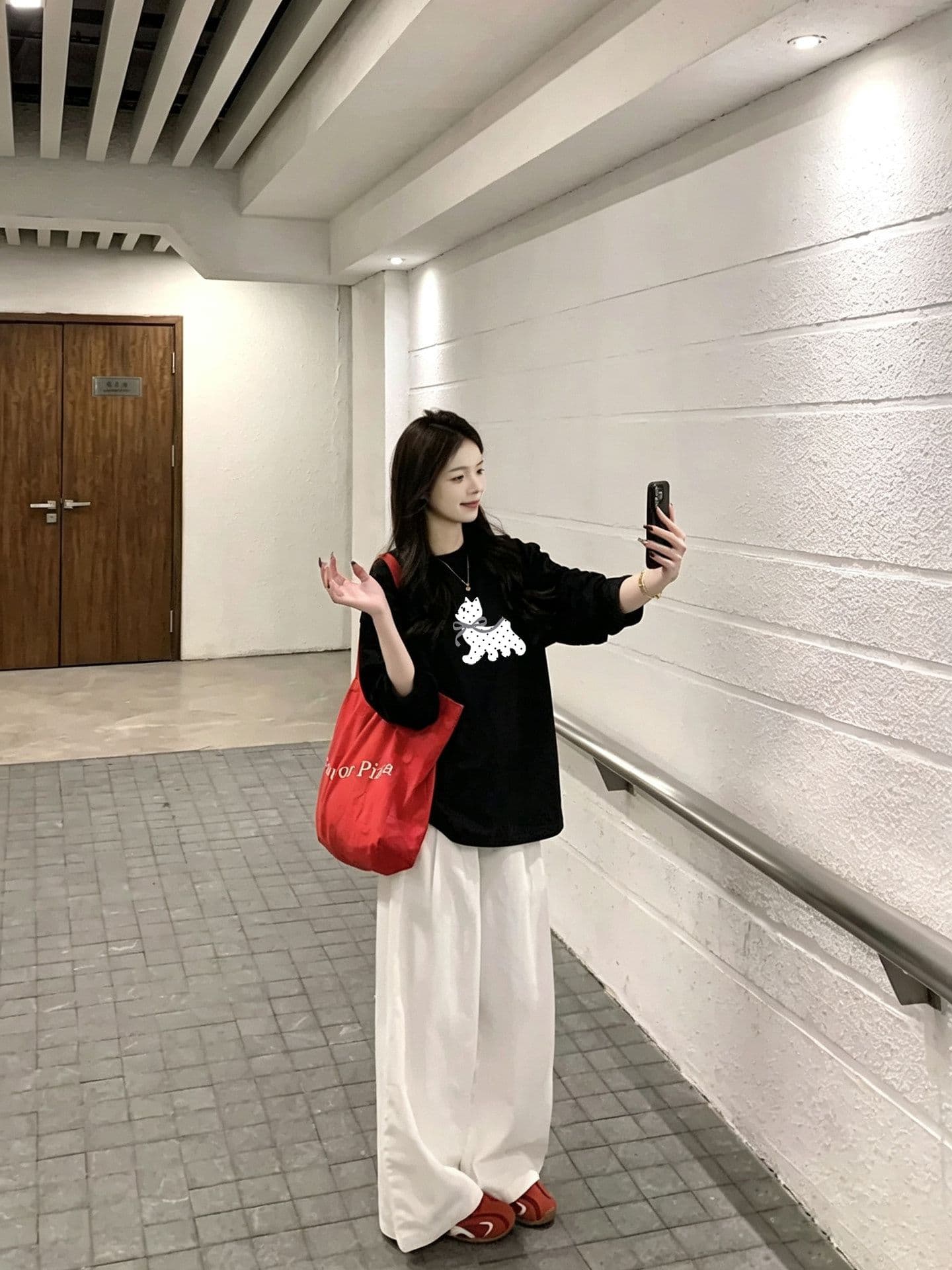 봄 가을 새로운 이후 패키지 칼라 긴팔 라운드 넥 티셔츠 고양이 프린트 상세 이미지 4