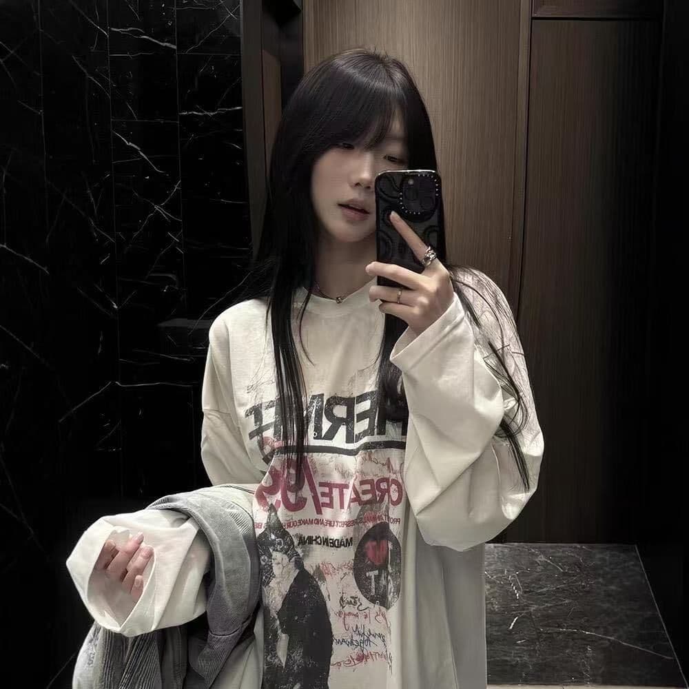 새로운 생방송 품질 이후 패키지 칼라 긴팔 라운드 넥 티셔츠 고양이 프린트 상세 이미지 4