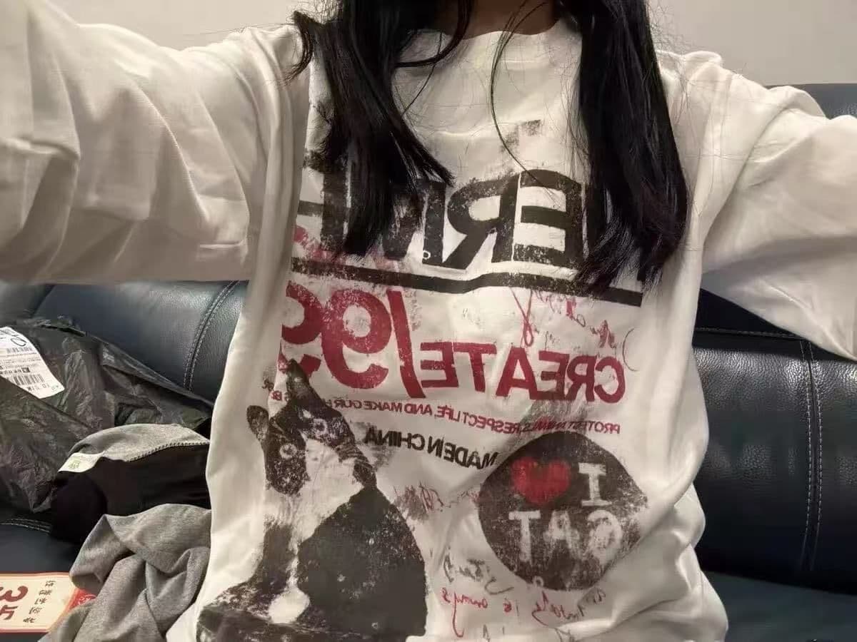 새로운 생방송 품질 이후 패키지 칼라 긴팔 라운드 넥 티셔츠 고양이 프린트 상세 이미지 6