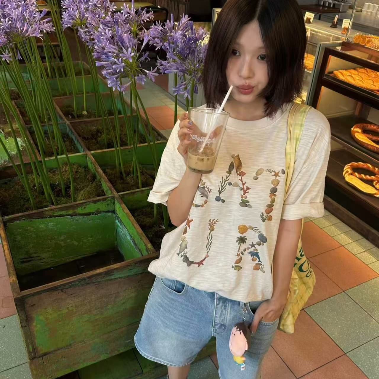 새로운 생방송 품질 이후 패키지 칼라 라운드 넥 반팔 티셔츠 꽃 알파벳 이미지 5