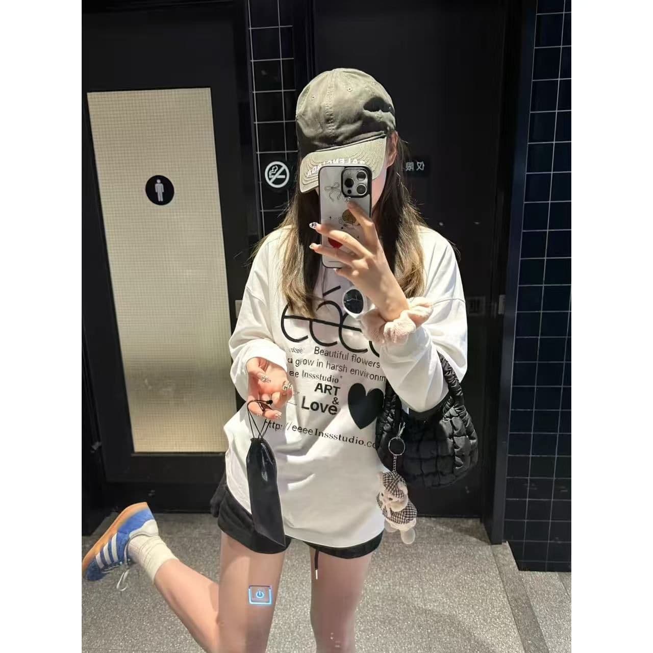 봄 가을 새로운 이후 패키지 칼라 긴팔 Luokou 티셔츠 하트 알파벳 프린트 이미지 3