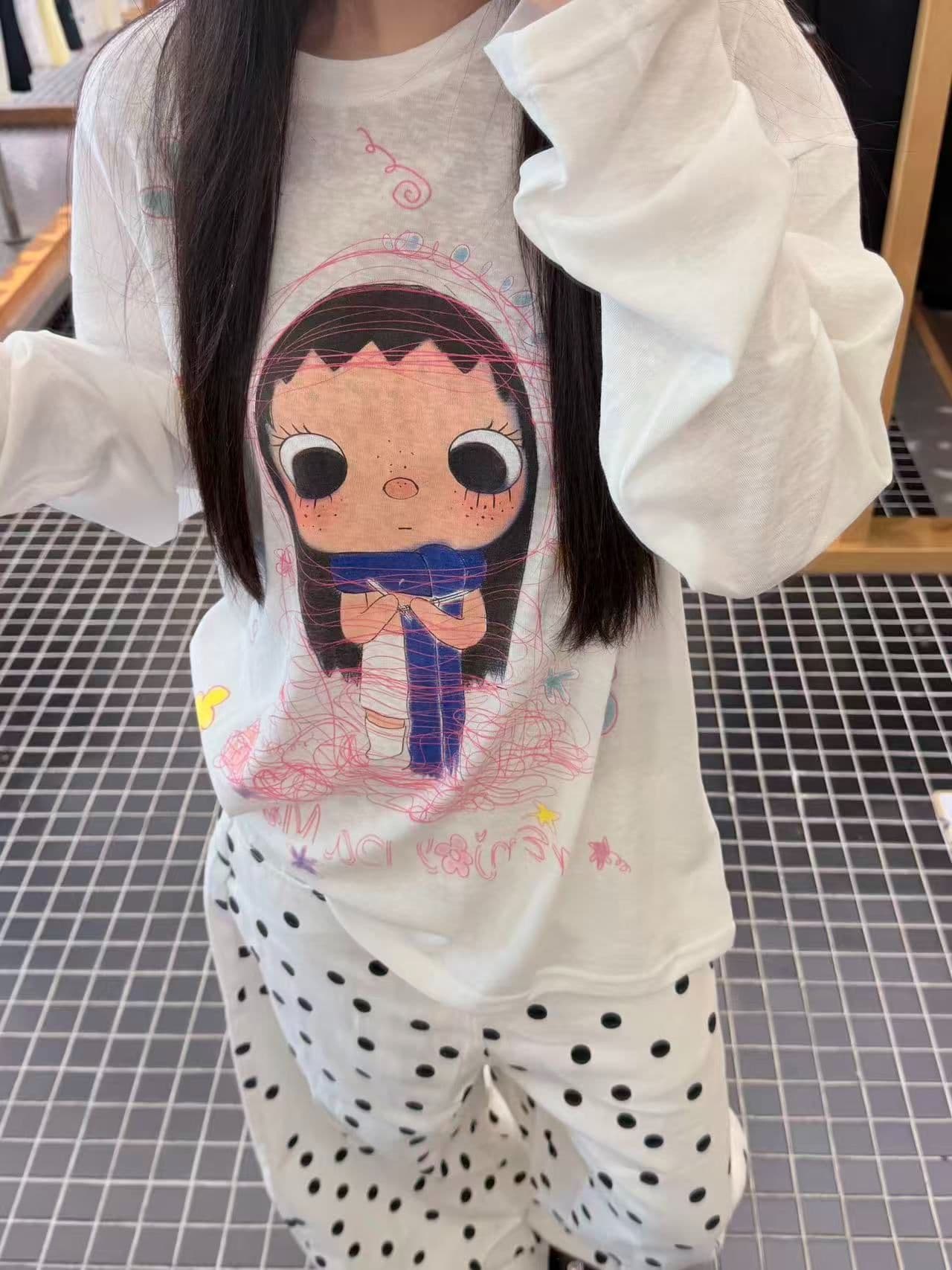 새로운 생방송 품질 이후 패키지 칼라 반팔 티셔츠 만화 소녀 프린트