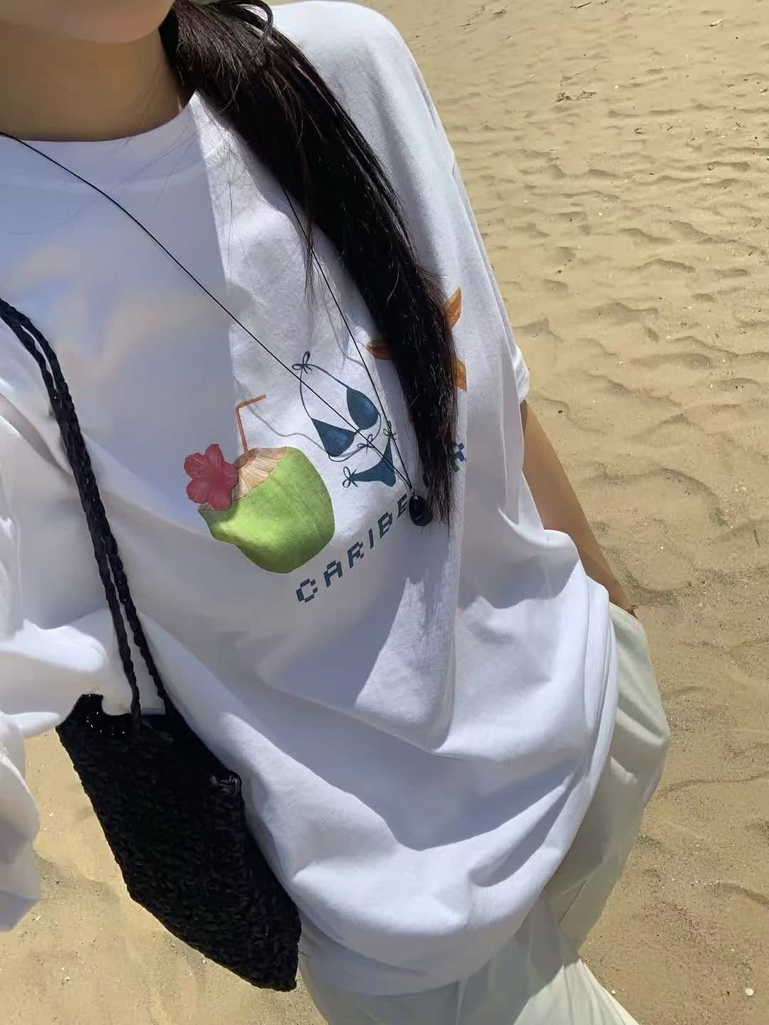 새로운 생방송 품질 이후 패키지 칼라 반팔 티셔츠 여름 코코넛 프린트 상세 이미지 4