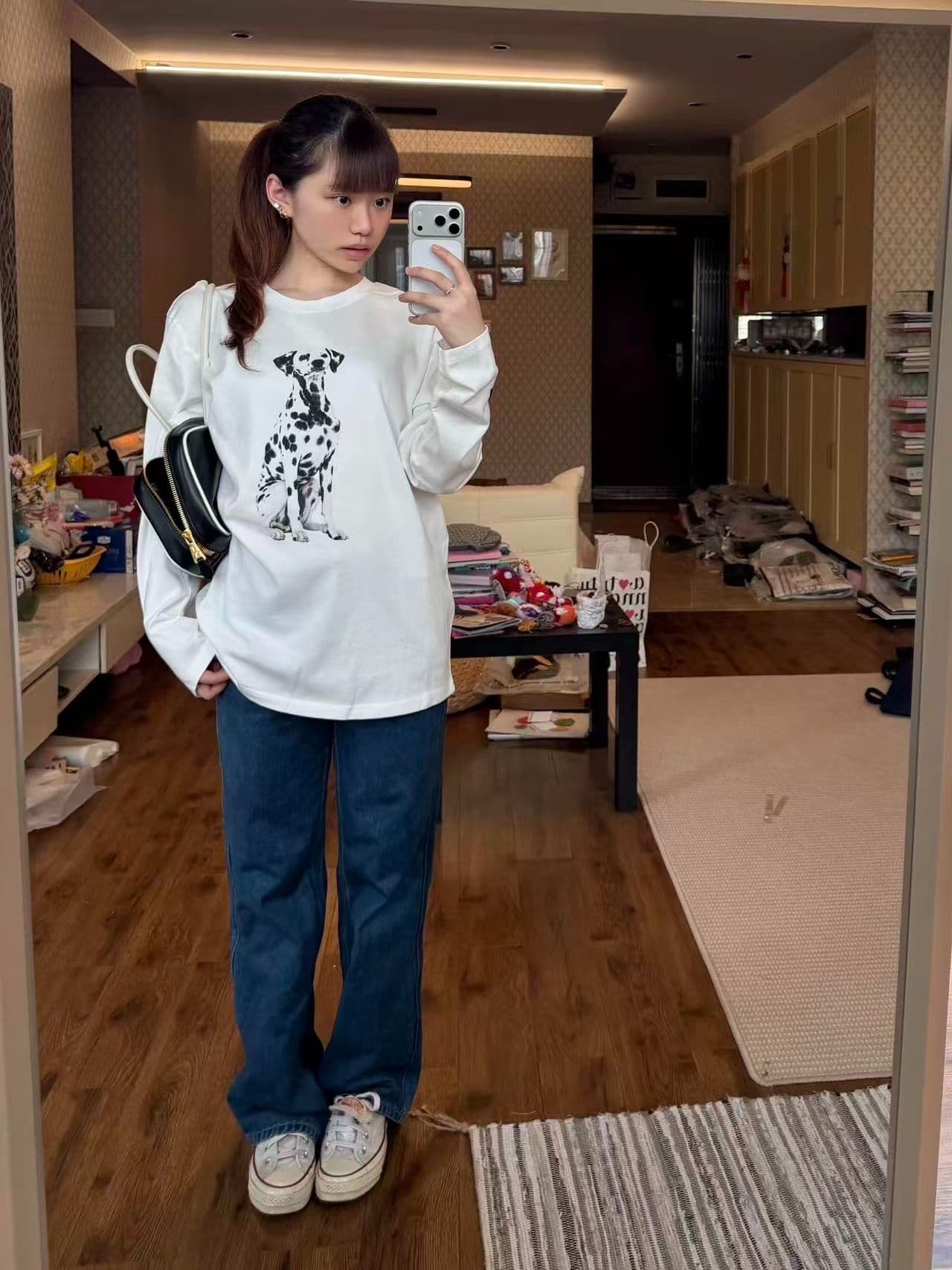 봄 가을 새로운 이후 패키지 칼라 긴팔 라운드 넥 티셔츠 개 프린트 맨위