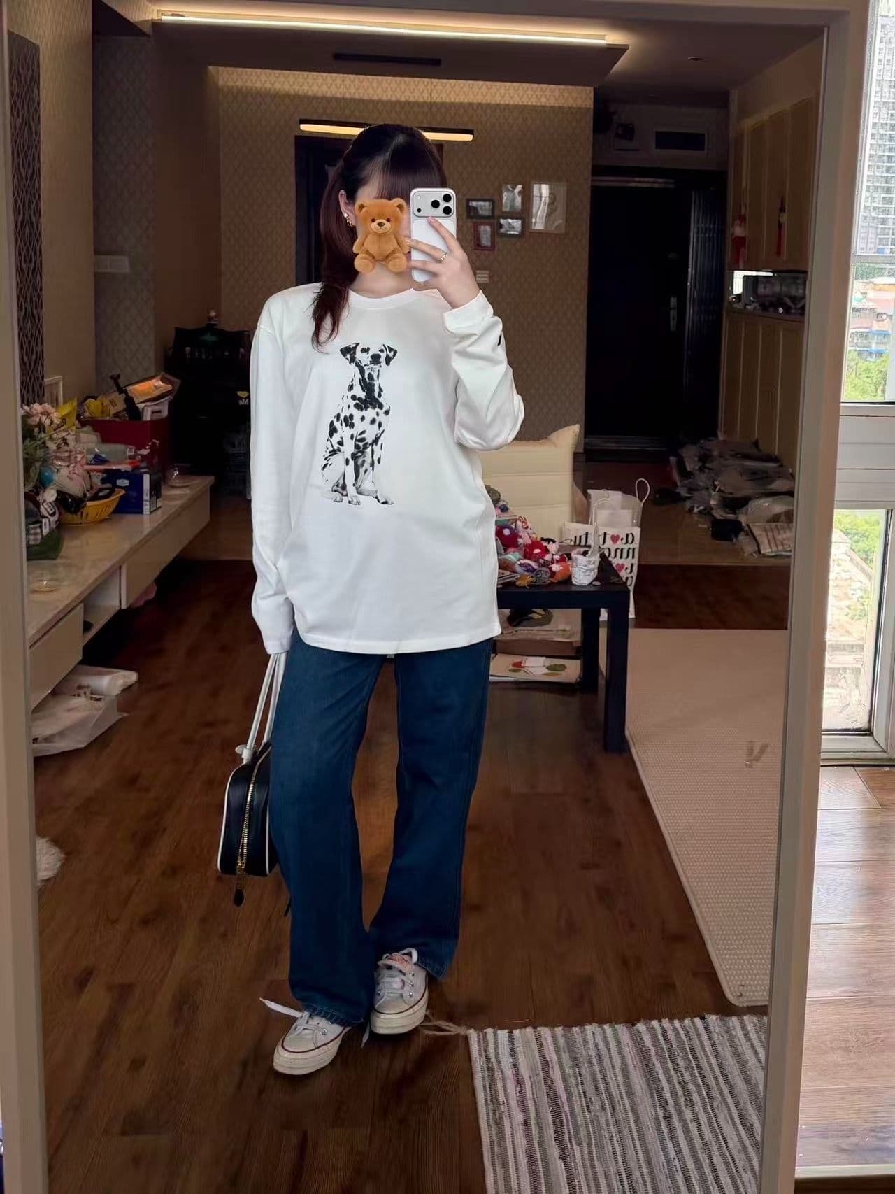 봄 가을 새로운 이후 패키지 칼라 긴팔 라운드 넥 티셔츠 개 프린트 맨위 이미지 2