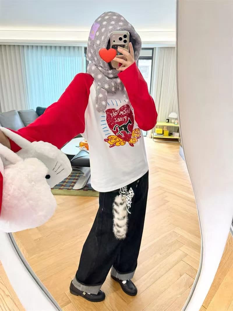 새로운 생방송 품질 삽입 어깨 소매 당겨서 기사 이후 패키지 칼라 말의 해 프린트 트렌디 이미지 3