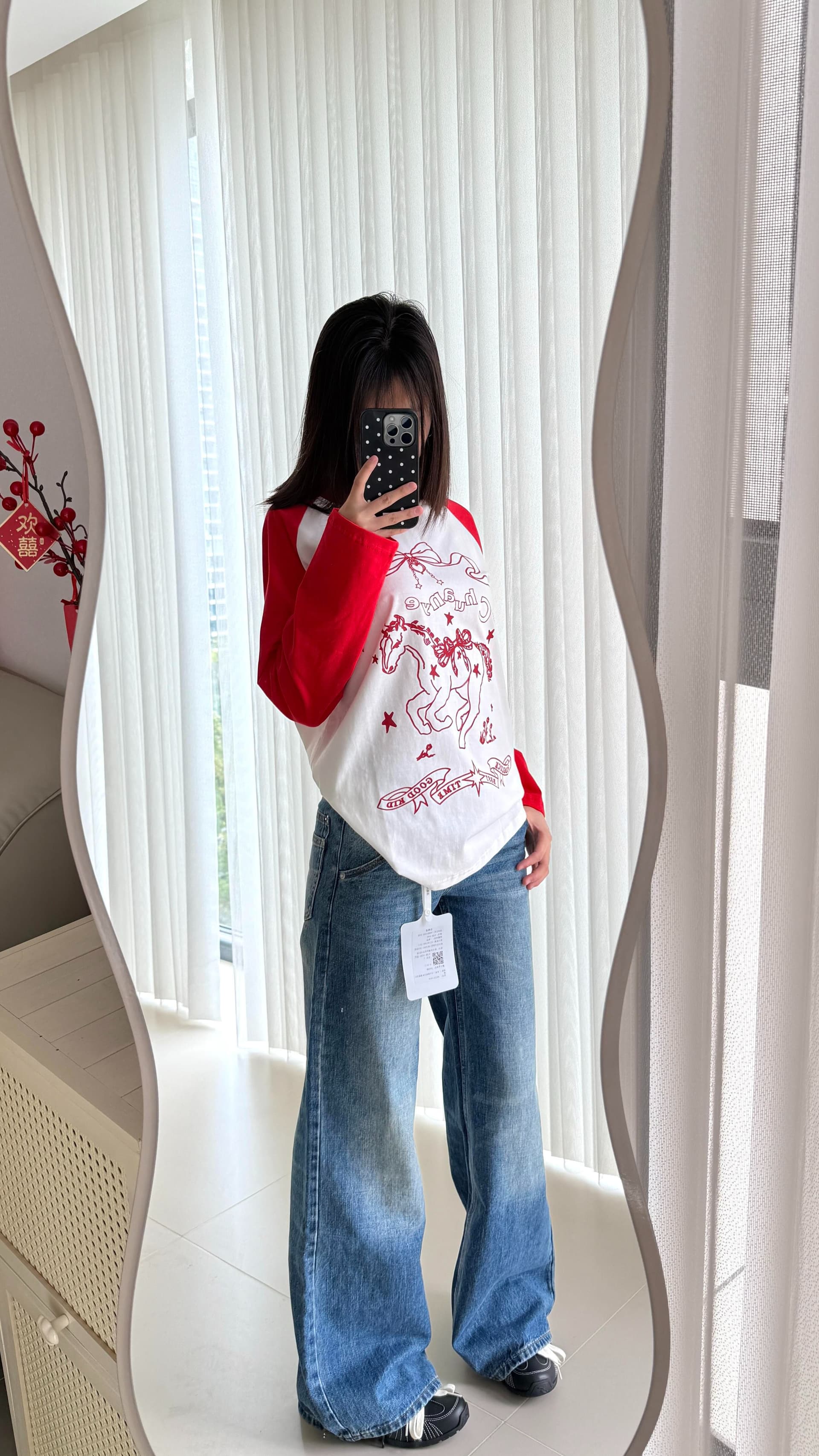 새로운 생방송 품질 삽입 어깨 소매 당겨서 기사 이후 패키지 칼라 작은 말 프린트 상세 이미지 4