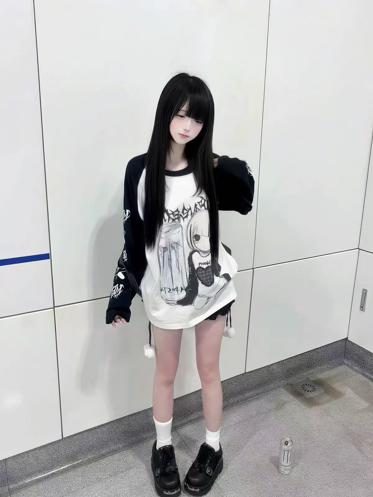 새로운 생방송 품질 삽입 어깨 소매 당겨서 기사 이후 패키지 칼라 만화 프린트 이미지 3