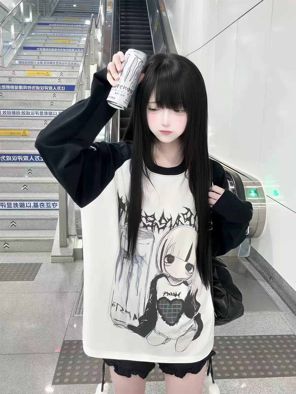 새로운 생방송 품질 삽입 어깨 소매 당겨서 기사 이후 패키지 칼라 만화 프린트 상세 이미지 4