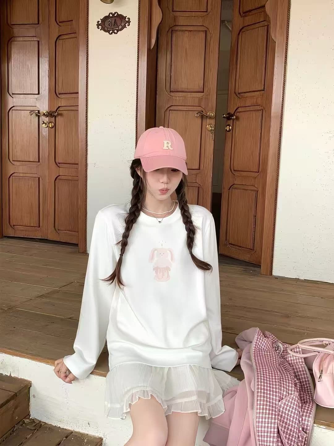 새로운 봄 가을 새로운 이후 패키지 칼라 긴팔 라운드 넥 티셔츠 만화 토끼 프린트 이미지 2