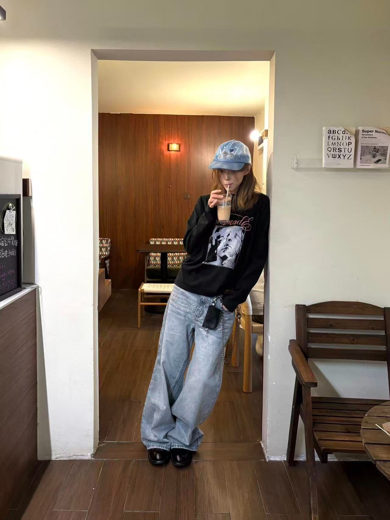 봄 가을 새로운 이후 패키지 칼라 긴팔 라운드 넥 티셔츠 초상화 프린트 맨위