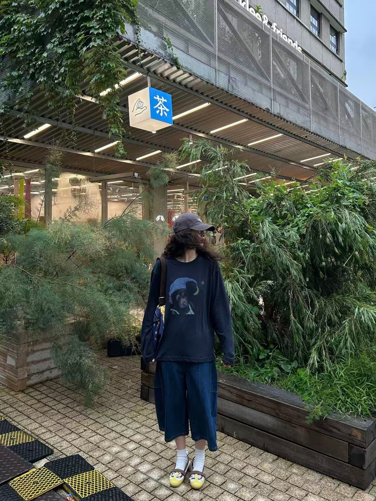 봄 가을 새로운 이후 패키지 칼라 긴팔 라운드 넥 티셔츠 원숭이 프린트 맨위