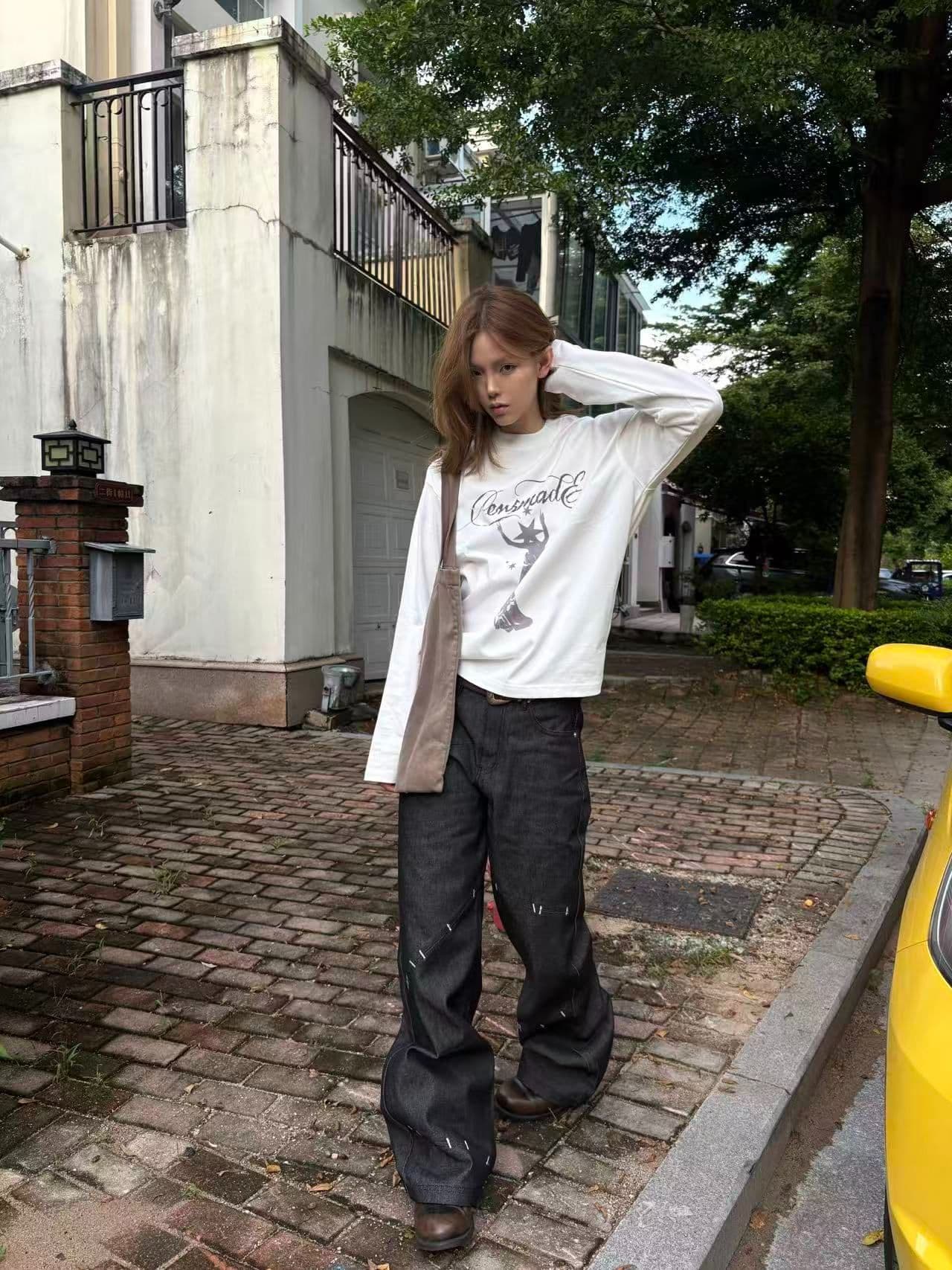 봄 가을 새로운 이후 패키지 칼라 긴팔 라운드 넥 티셔츠 별 알파벳 프린트 이미지 4