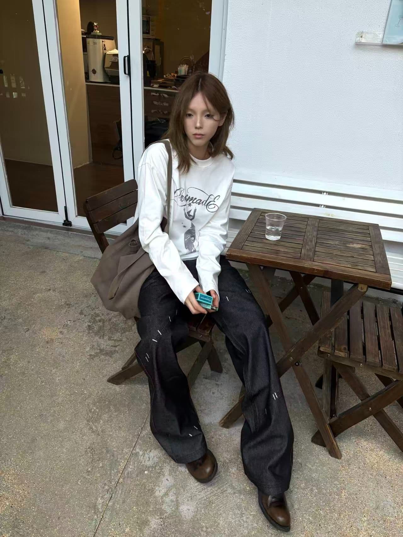 봄 가을 새로운 이후 패키지 칼라 긴팔 라운드 넥 티셔츠 별 알파벳 프린트 이미지 2