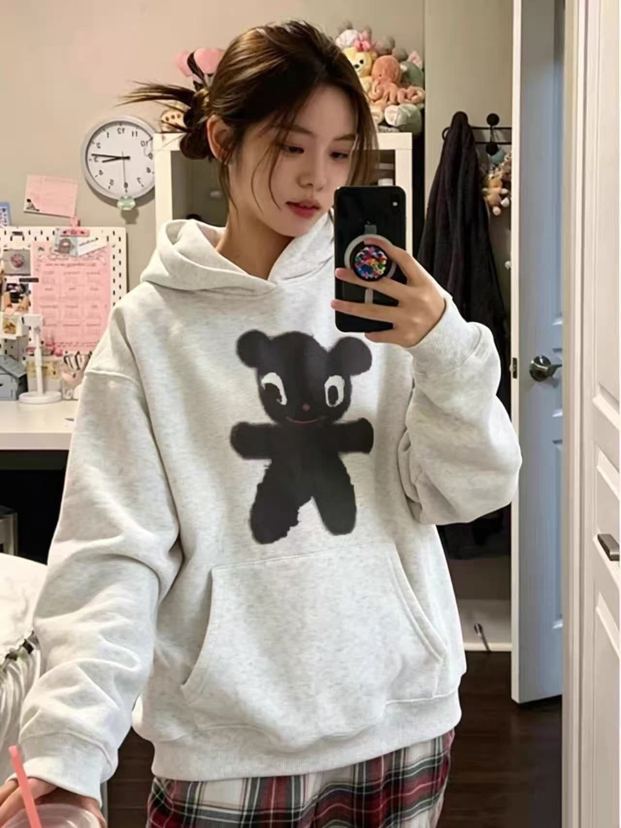 새로운 생방송 품질 얇은 스타일 은 여우 플러시 털이 있는 후드 만화 프린트 이미지 3