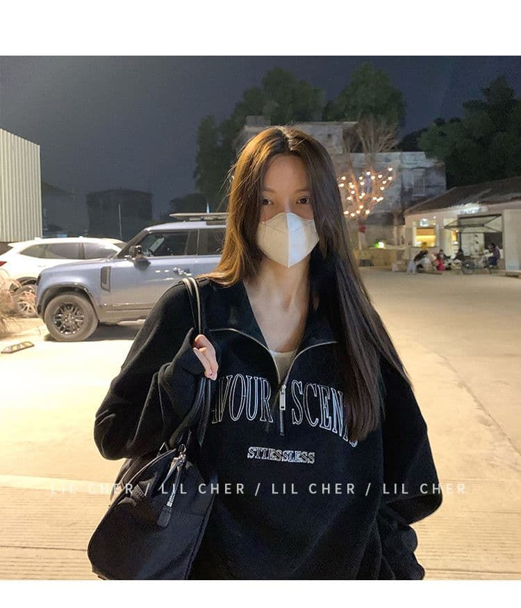 새로운 특별 빅 사이즈 300 근 자수 알파벳 터틀넥 지퍼 polo 후드티 여성 상세 이미지 21
