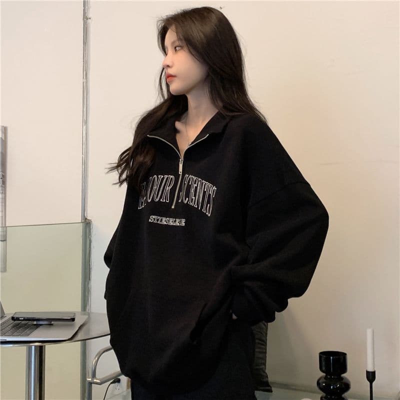 새로운 특별 빅 사이즈 300 근 자수 알파벳 터틀넥 지퍼 polo 후드티 여성 이미지 2