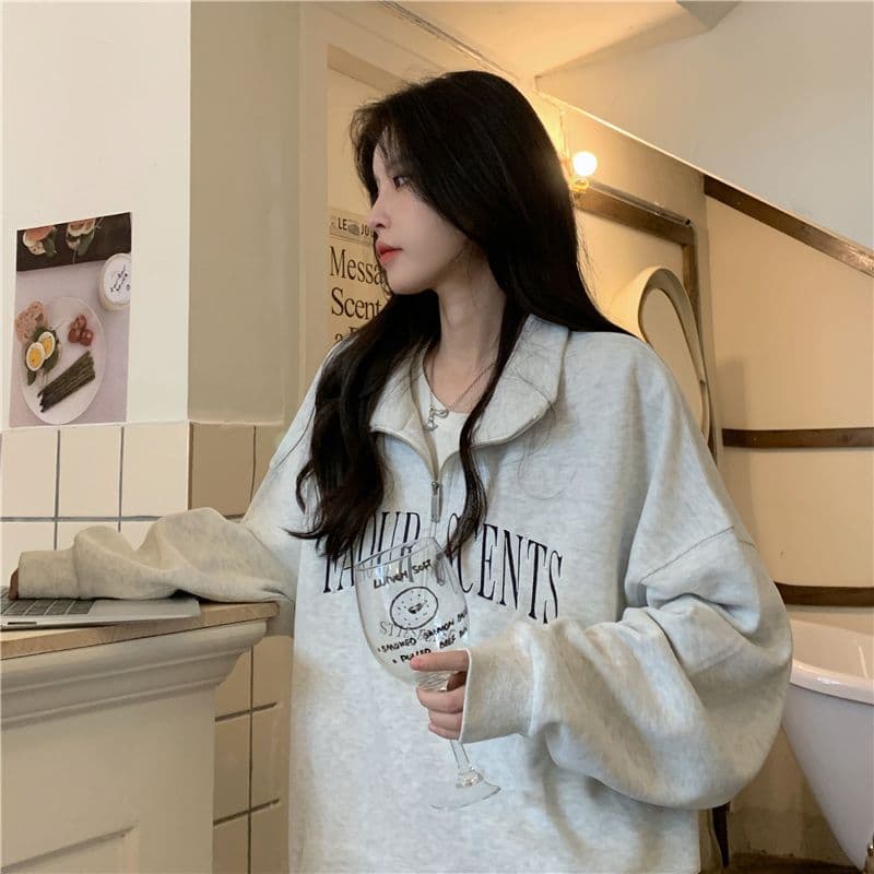 새로운 특별 빅 사이즈 300 근 자수 알파벳 터틀넥 지퍼 polo 후드티 여성 상세 이미지 5
