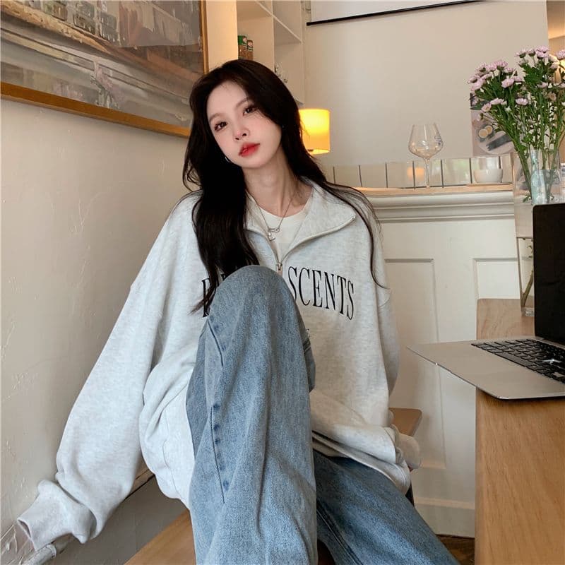 새로운 특별 빅 사이즈 300 근 자수 알파벳 터틀넥 지퍼 polo 후드티 여성 상세 이미지 10