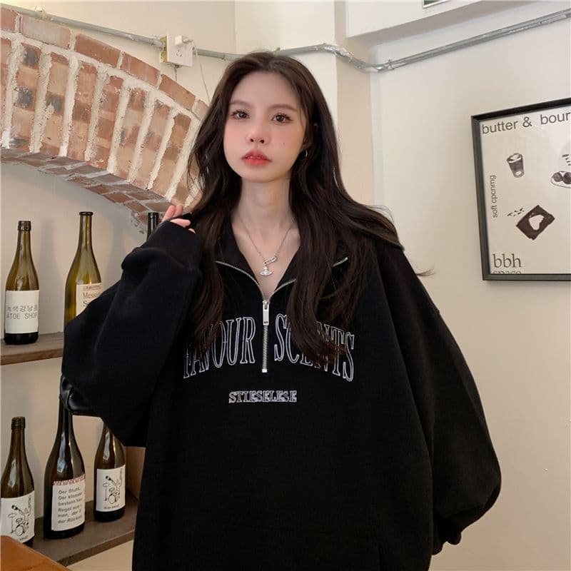 새로운 특별 빅 사이즈 300 근 자수 알파벳 터틀넥 지퍼 polo 후드티 여성 상세 이미지 19