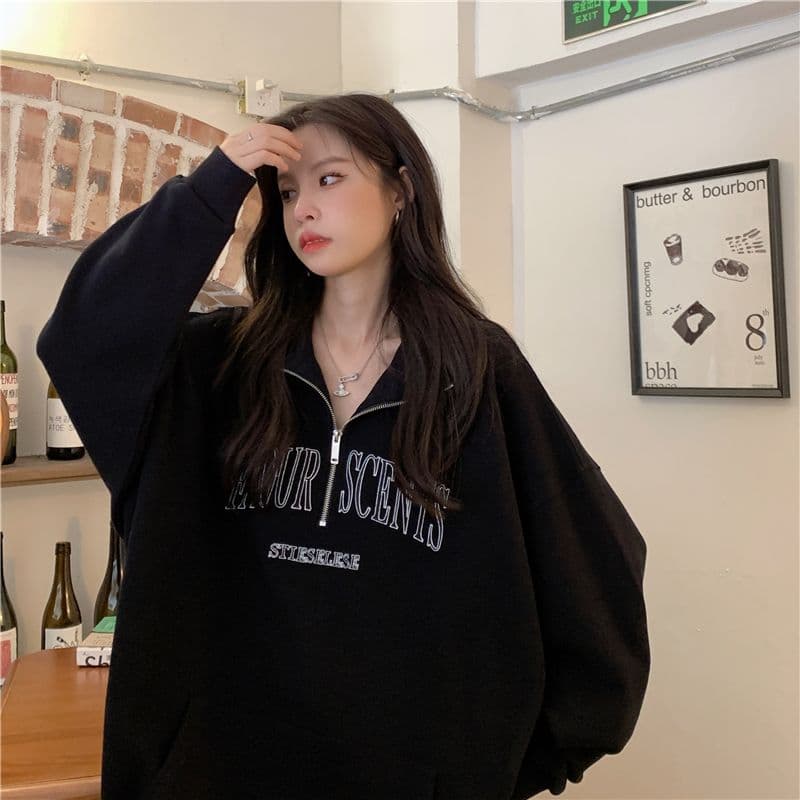 새로운 특별 빅 사이즈 300 근 자수 알파벳 터틀넥 지퍼 polo 후드티 여성 상세 이미지 21