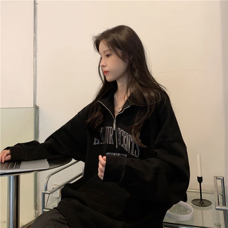 새로운 특별 빅 사이즈 300 근 자수 알파벳 터틀넥 지퍼 polo 후드티 여성 상세 이미지 24