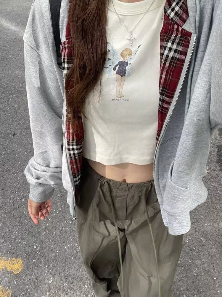 새로운 자수 배색 체크무늬 안감 지퍼 오픈 가디건 여성 재킷 이미지 4