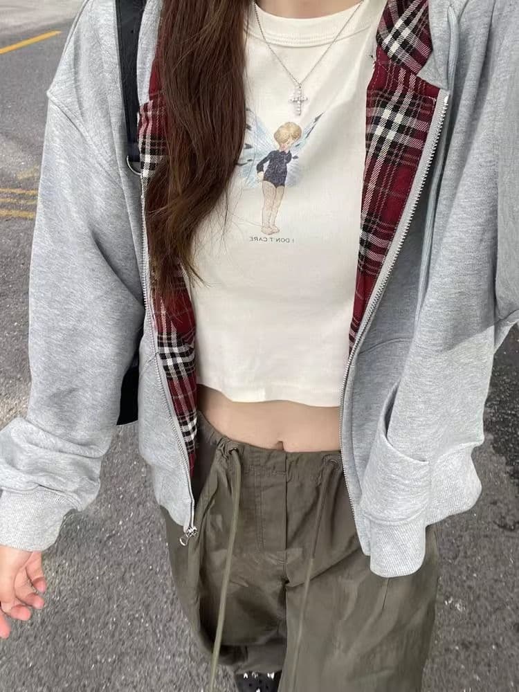 새로운 자수 배색 체크무늬 안감 지퍼 오픈 가디건 여성 재킷 이미지 3