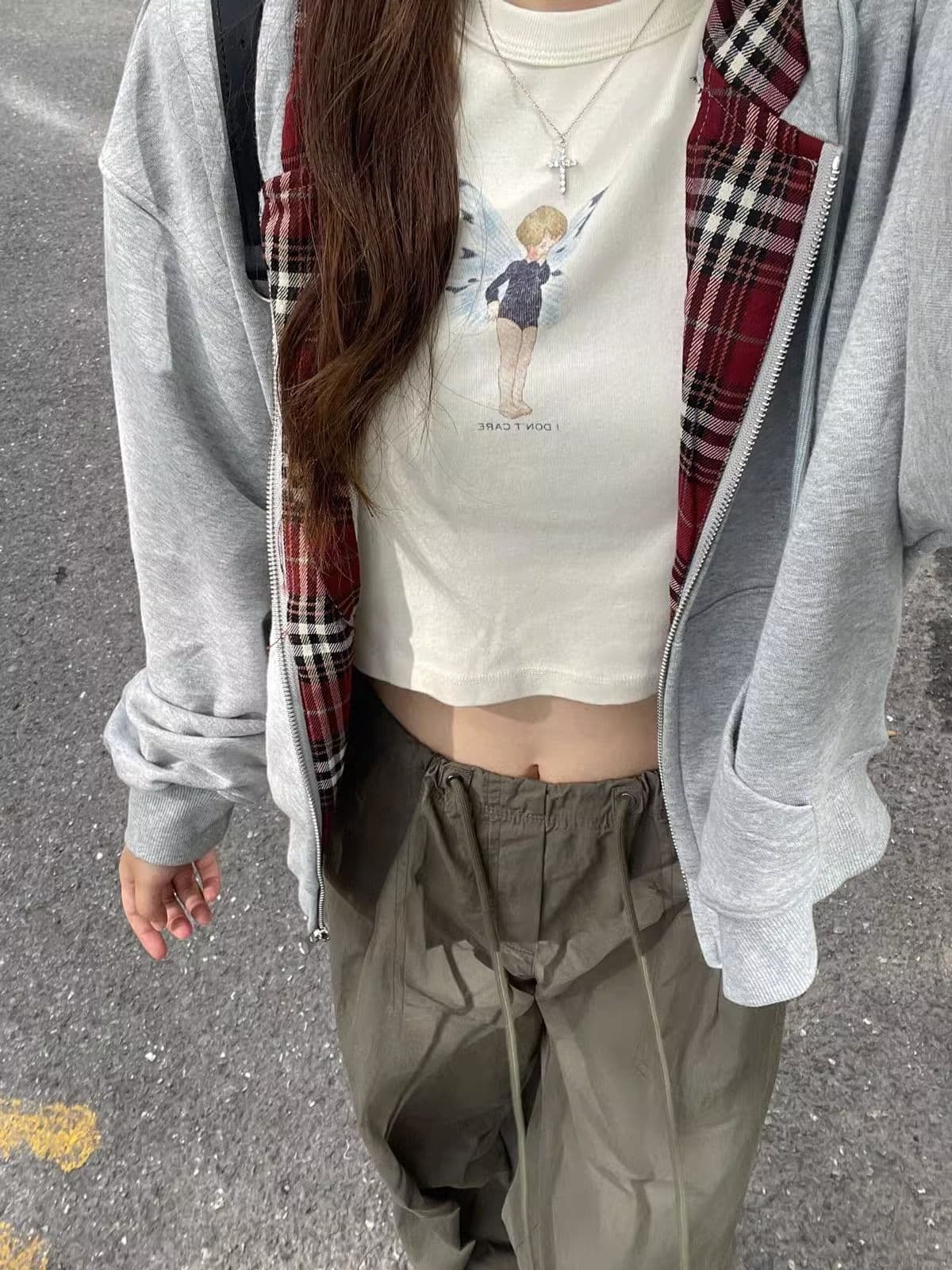 새로운 자수 배색 체크무늬 안감 지퍼 오픈 가디건 여성 재킷 상세 이미지 1