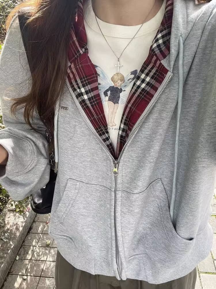 새로운 자수 배색 체크무늬 안감 지퍼 오픈 가디건 여성 재킷 상세 이미지 2
