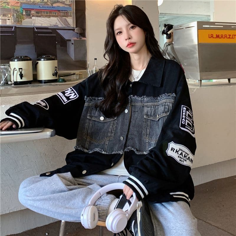 새로운 원본 데님 원단 플러스 네리 데님 재킷 자수 야구 유니폼 재킷 여자 이미지 4