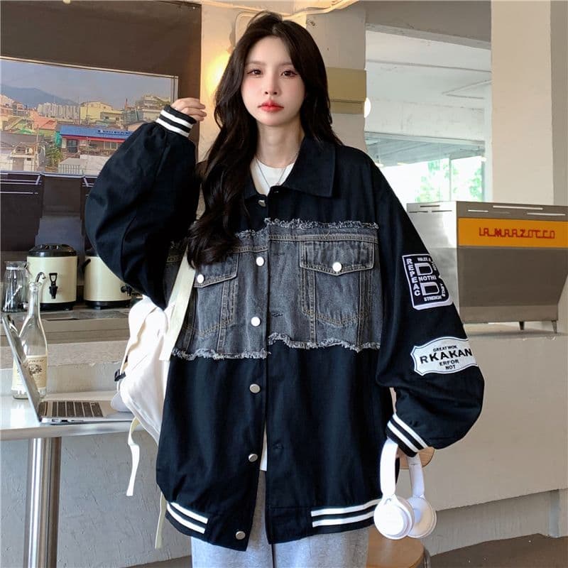 새로운 원본 데님 원단 플러스 네리 데님 재킷 자수 야구 유니폼 재킷 여자 이미지 2