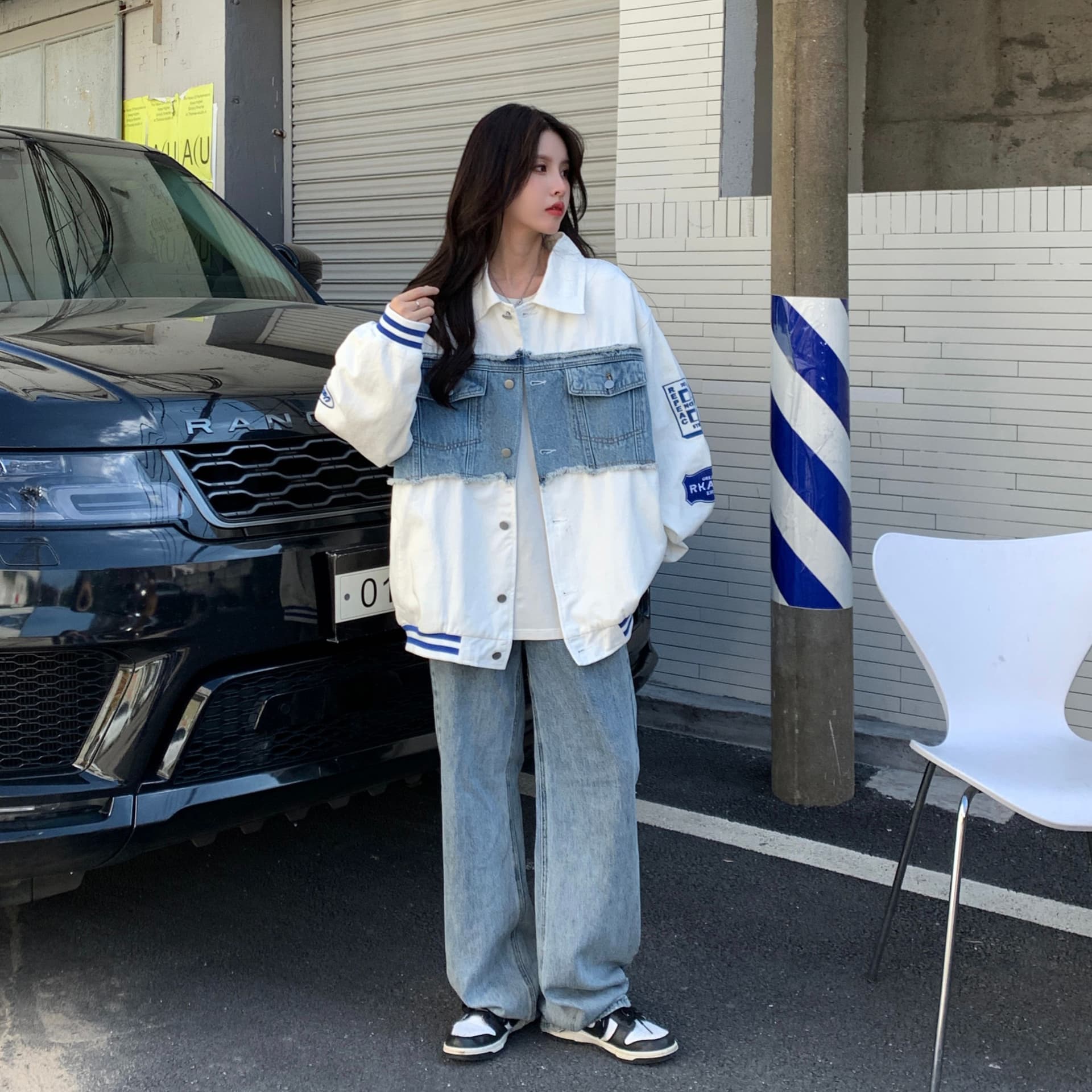 새로운 원본 데님 원단 플러스 네리 데님 재킷 자수 야구 유니폼 재킷 여자 상세 이미지 19