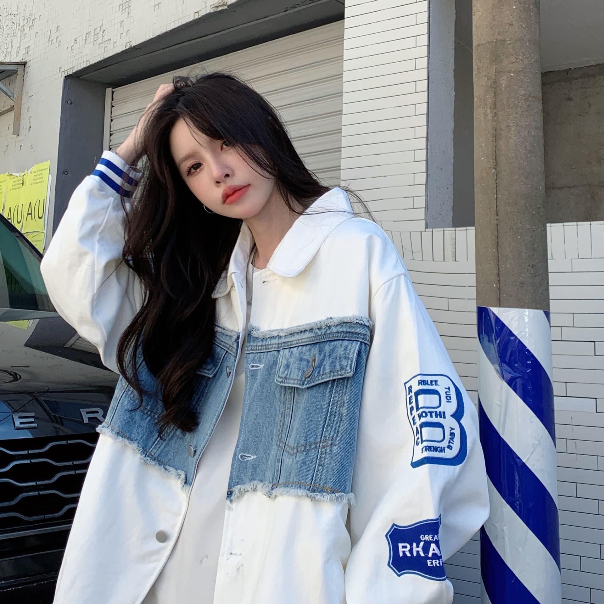 새로운 원본 데님 원단 플러스 네리 데님 재킷 자수 야구 유니폼 재킷 여자 상세 이미지 21