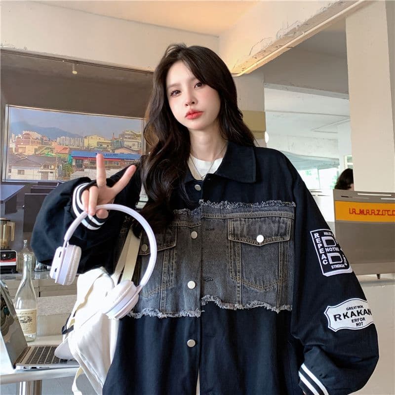 새로운 원본 데님 원단 플러스 네리 데님 재킷 자수 야구 유니폼 재킷 여자 상세 이미지 27