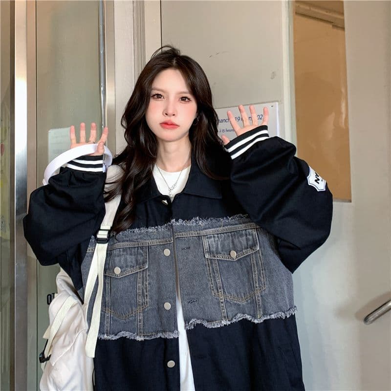 새로운 원본 데님 원단 플러스 네리 데님 재킷 자수 야구 유니폼 재킷 여자 상세 이미지 33